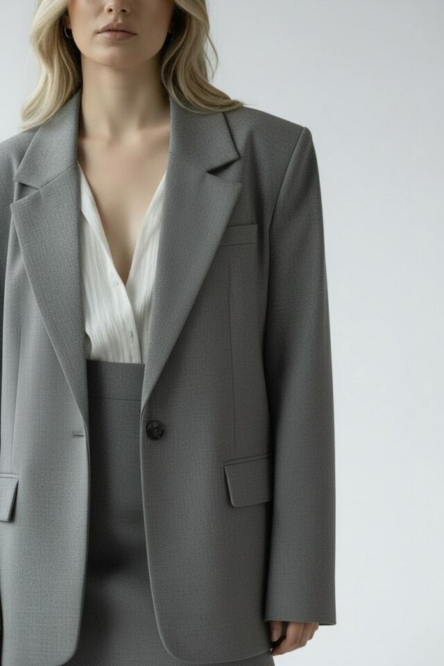Rivara Kadın Gri Melanj V Yaka Blazer Ceket - Premium Tasarım