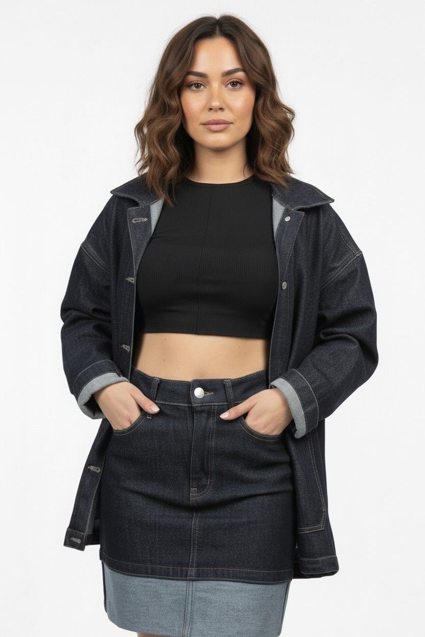 Rivara Kadın Lacivert Denim Ceket Etek Kot Takım