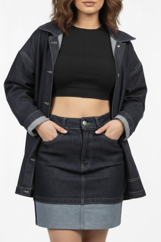 Rivara Kadın Lacivert Denim Ceket Etek Kot Takım