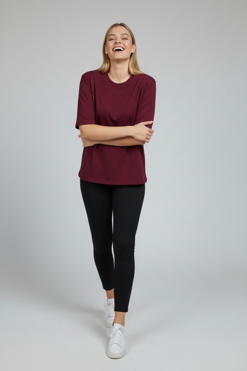 Vatkalı Tişört - Rivara Kadın Bordo Oversize Bisiklet Yaka