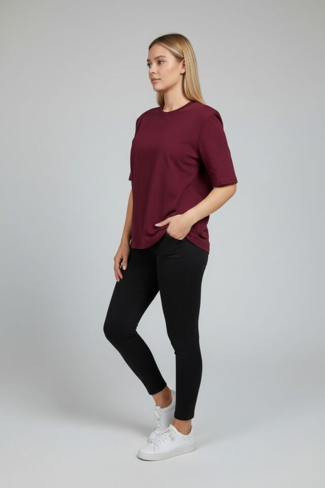 Vatkalı Tişört - Rivara Kadın Bordo Oversize Bisiklet Yaka