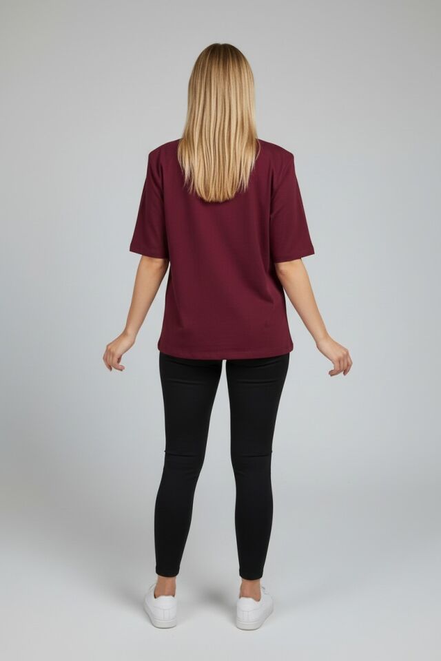Vatkalı Tişört - Rivara Kadın Bordo Oversize Bisiklet Yaka