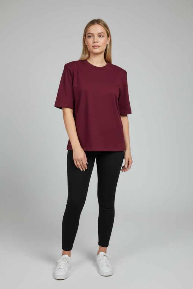 Vatkalı Tişört - Rivara Kadın Bordo Oversize Bisiklet Yaka