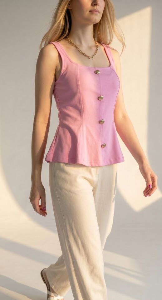 RİVARAPREMIUM Kadın Peplum Bluz - Altın Düğme Detaylı Kare Yaka Pembe - S