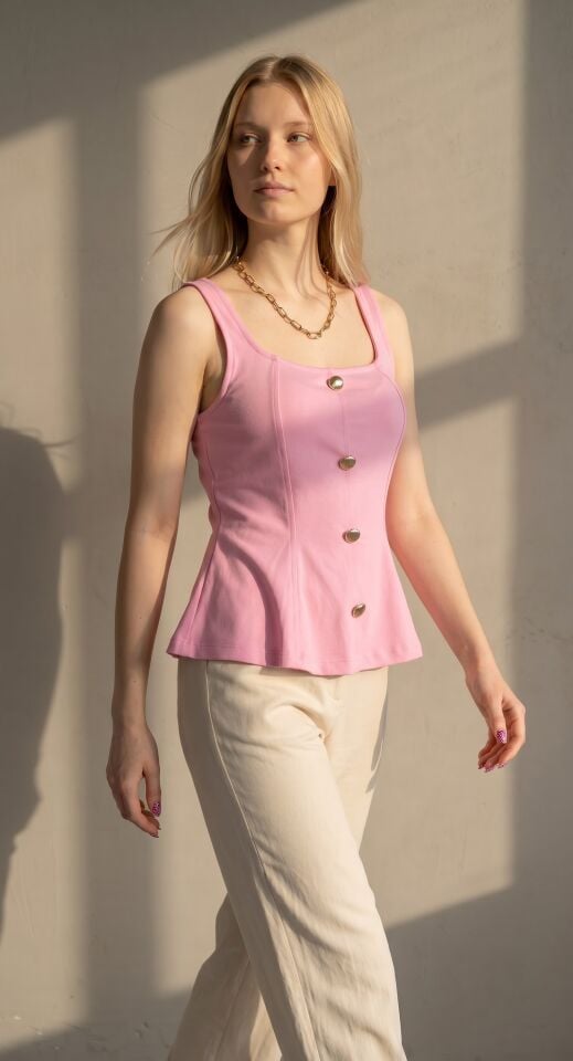 RİVARAPREMIUM Kadın Peplum Bluz - Altın Düğme Detaylı Kare Yaka Pembe - L