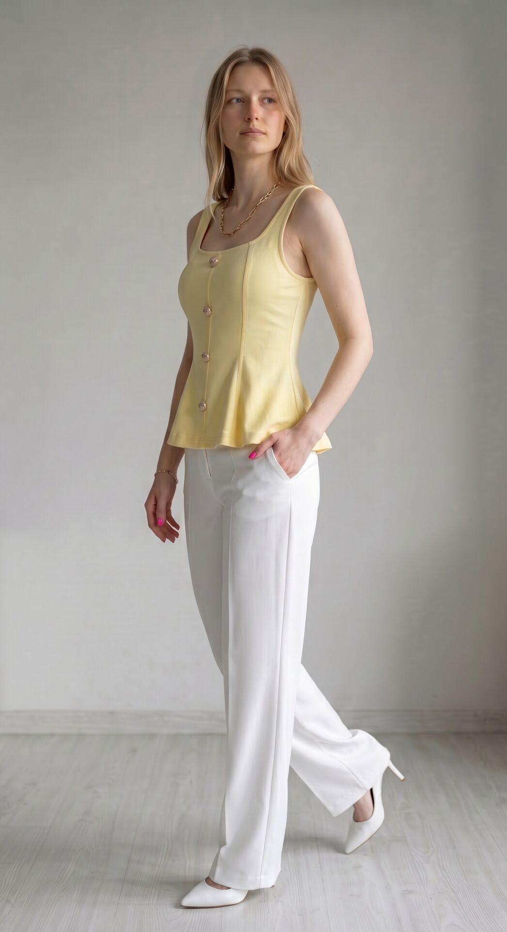 RİVARAPREMIUM Kadın Peplum Bluz - Altın Düğme Detaylı Kare Yaka Sarı - XL