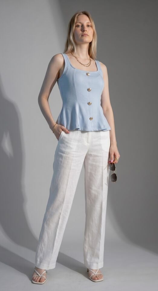 RİVARAPREMIUM Kadın Peplum Bluz - Altın Düğme Detaylı Kare Yaka Mavi - XL