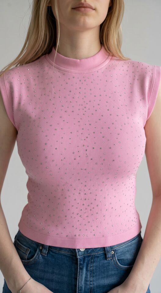 RİVARAPREMIUM Kadın Vatka Detaylı Full Taş Crop S - Pembe