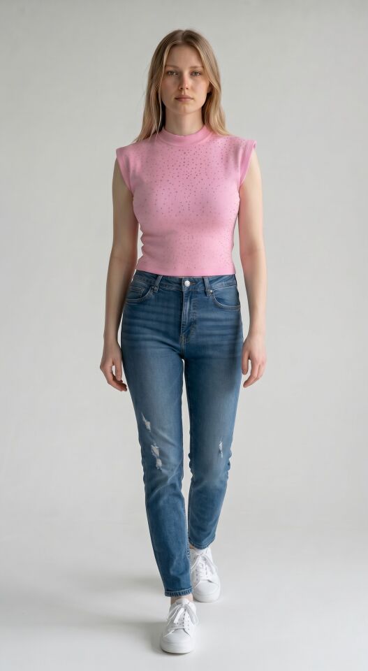 RİVARAPREMIUM Kadın Vatka Detaylı Full Taş Crop S - Pembe