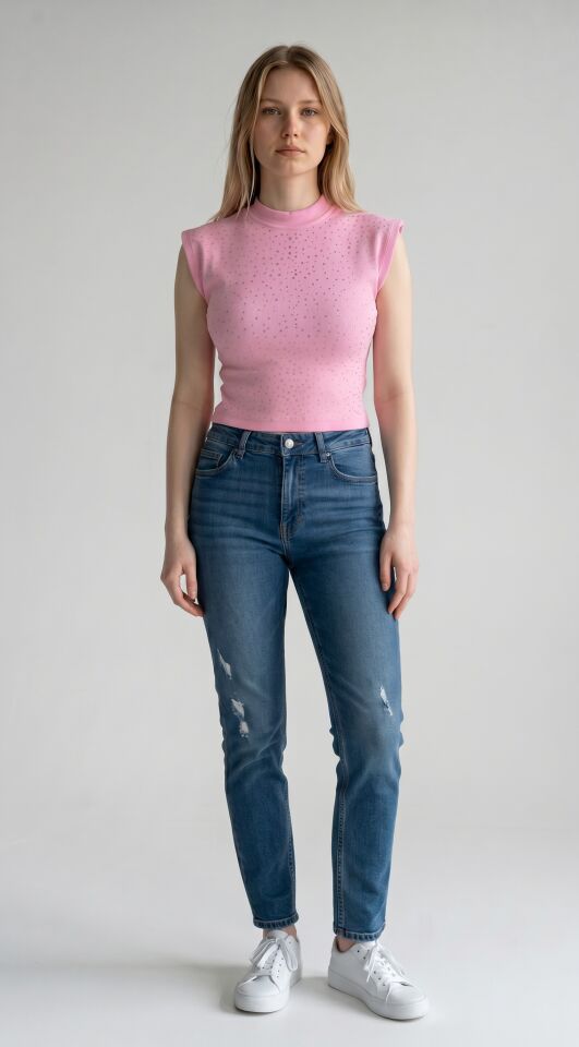 RİVARAPREMIUM Kadın Vatka Detaylı Full Taş Crop M - Pembe