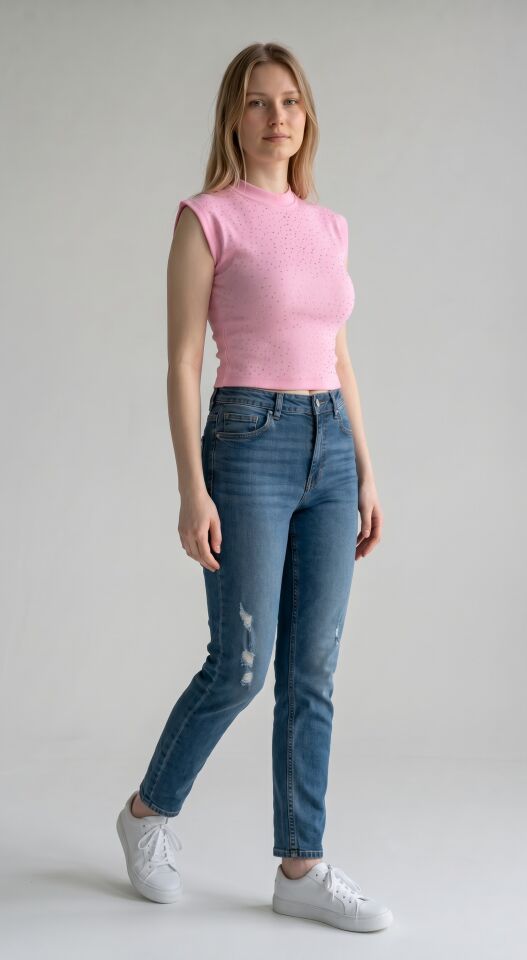 RİVARAPREMIUM Kadın Vatka Detaylı Full Taş Crop L - Pembe