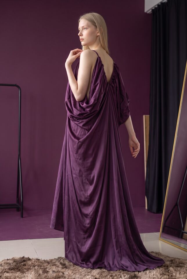RİVARAPREMIUM Kadın Saten Drape Detaylı Abiye - Mor