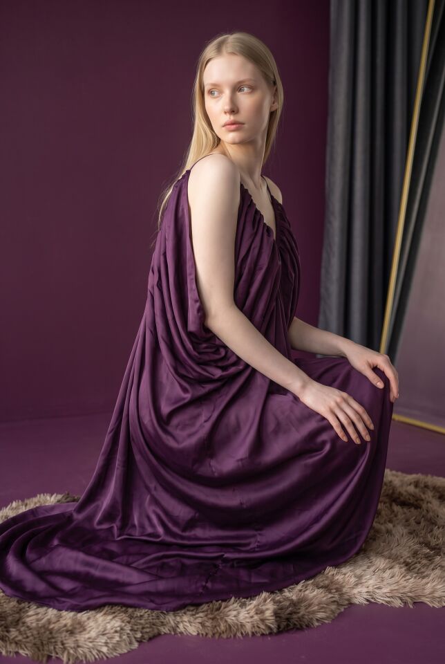 RİVARAPREMIUM Kadın Saten Drape Detaylı Abiye - Mor