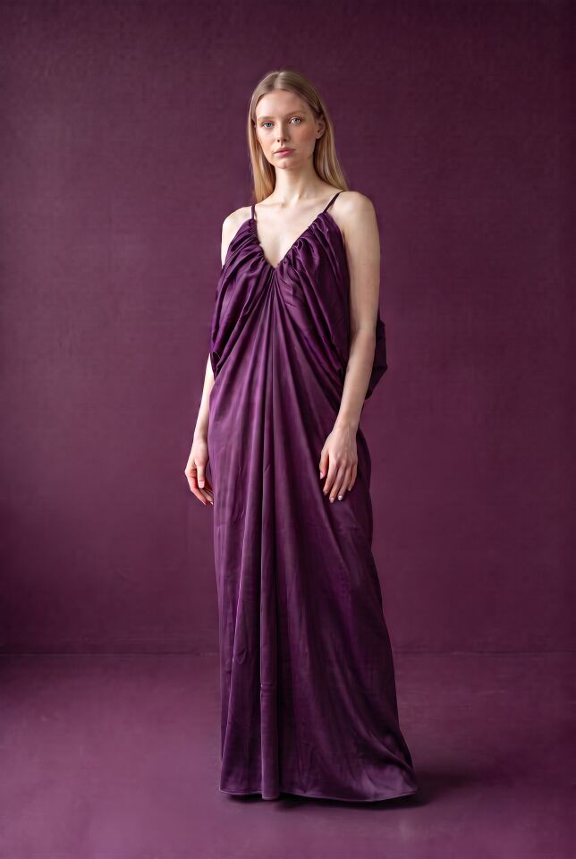 RİVARAPREMIUM Kadın Saten Drape Detaylı Abiye - Mor