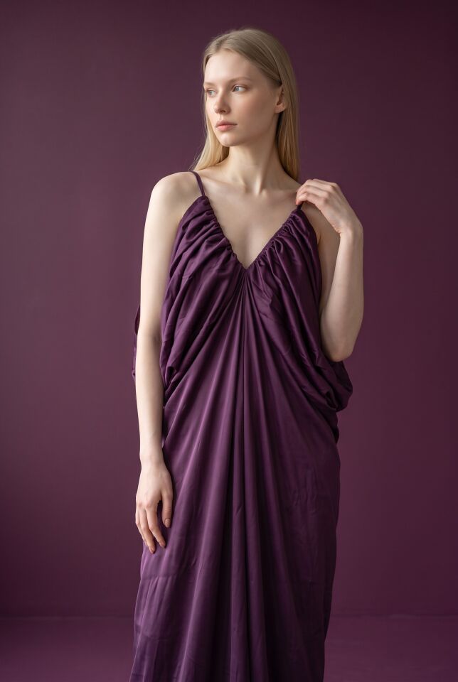 RİVARAPREMIUM Kadın Saten Drape Detaylı Abiye - Mor