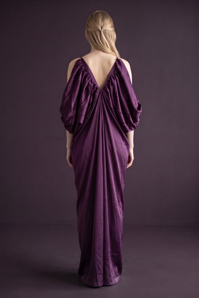 RİVARAPREMIUM Kadın Saten Drape Detaylı Abiye - Mor